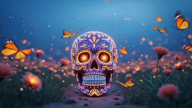 Day of the Dead skull art blooms amidst butterflies & marigolds, celebrations, spiritual themes, perfect for art, Mexico culture, memorial projects, & event backdrops. 