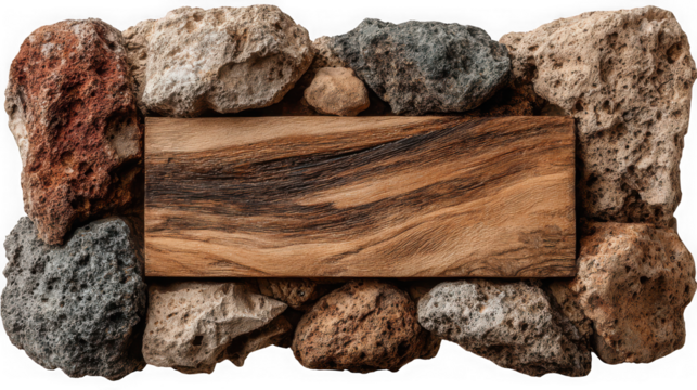 A textured frame of various rough volcanic rocks surrounding a wooden plank, isolated on a transparent background