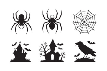 Halloween silhouettes featuring spiders cobwebs haunted houses and a crow