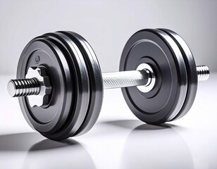 Naklejka premium Steel Dumbbell in Fitness Realm: A close-up shot of a gleaming, steel dumbbell symbolizes strength, endurance, and the relentless pursuit of personal fitness.