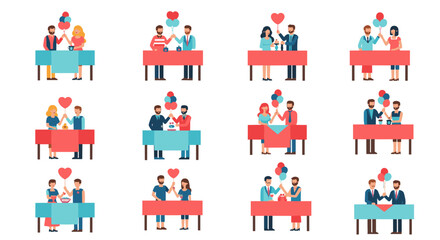 Various couples celebrating with balloons and gifts at tables in a grid arrangement illustration