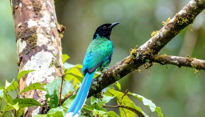 Naklejka premium Vibrant bird perched on a branch in a lush forest