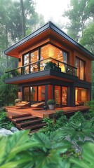 Modern cabin in forest.