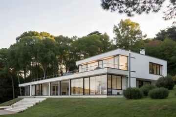 Modern white house with large windows and a flat roof on a grassy hill near a forest area at daytime