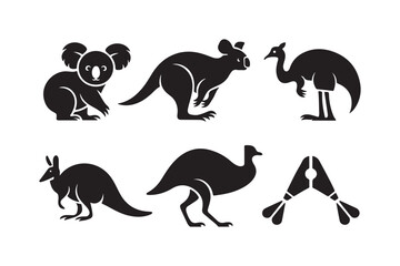 Collection of australian animal silhouettes including koala kangaroo and emu