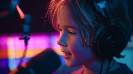 Child wearing headphones and speaking into a microphone in professional recording studio. Concept of kids podcasting, voice acting, creative expression, digital storytelling, and modern media skills.