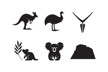 Collection of australian animal and landmark silhouettes on a white background