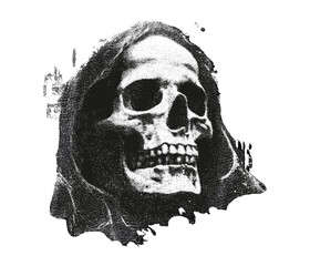 Surreal psychedelic skull collage with vintage stipple and photocopy effect, featuring creepy Halloween and grunge dotted textures. Retro vector illustration ideal for horror, tattoo, vampire