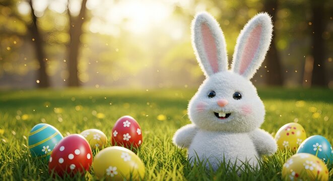 Easter Bunny's Egg-cellent Celebration: An endearing animated bunny sits amidst the lush green of a sun-drenched meadow, surrounded by colorful decorated Easter eggs. - Powered by Adobe