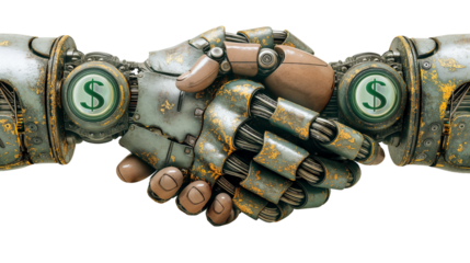 : Two robotic hands shaking with dollar symbols. Conceptual image of AI finance, automation in economy, and futuristic business agreements.  Isolated on transparent background, png.
