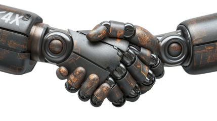 Two rusty robotic hands shaking. Symbol of AI cooperation, machine alliance, futuristic partnership, and industrial automation agreement.  Isolated on transparent background, png.