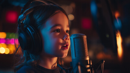 Child wearing headphones and speaking into a microphone in professional recording studio. Concept of kids podcasting, voice acting, creative expression, digital storytelling, and modern media skills.