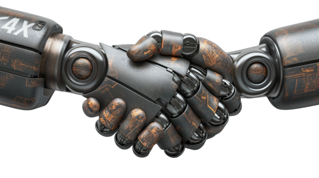  Two rusty robotic hands shaking. Symbol of AI cooperation, machine alliance, futuristic partnership, and industrial automation agreement.  Isolated on transparent background, png.