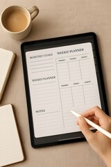Digital Planner on Tablet with Coffee – Weekly & Monthly Layout