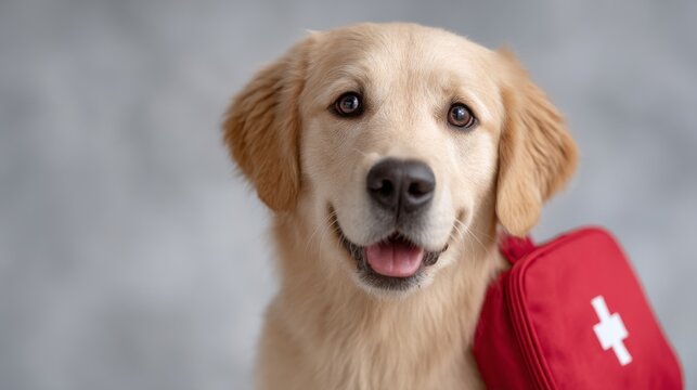 A cheerful golden retriever smiles while holding a first aid bag. This image captures the spirit of canine companionship. Perfect for pet care illustrations and veterinary promotions. AI