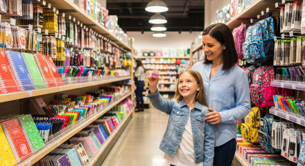 A happy mother and daughter choosing school supplies in a stationery store. Back to school shopping together.