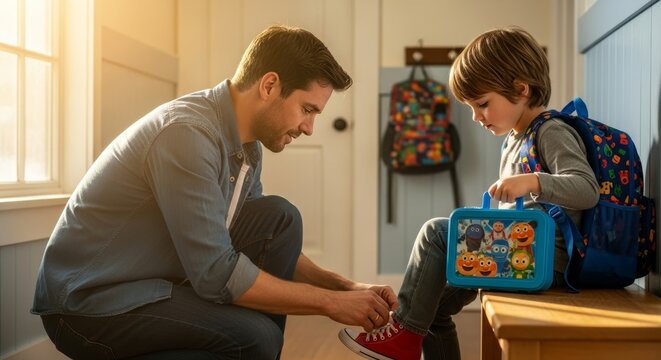 A caring father kneels down to help his young son tie his shoelaces. The boy sits on a bench in the entryway, holding his lunchbox and wearing a backpack, ready for school.