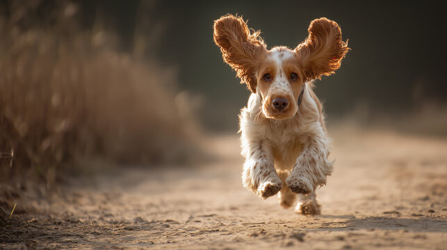 ai energetic spaniel runs joyfully along a dusty trail during late afternoon light in a serene outdoor setting - Powered by Adobe