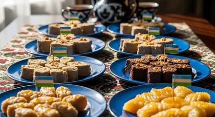 Fototapeta premium Assorted sweet treats on blue plates, arranged in rows, with small flags.