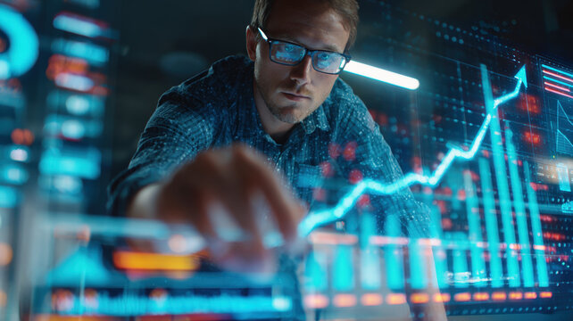 Young Analyst Touching Holographic Growing Chart Interface - Digital Finance and Big Data Technology