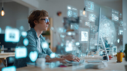 Young Developer Working with Multiple Digital Holograms - Software Development and Innovation Technology