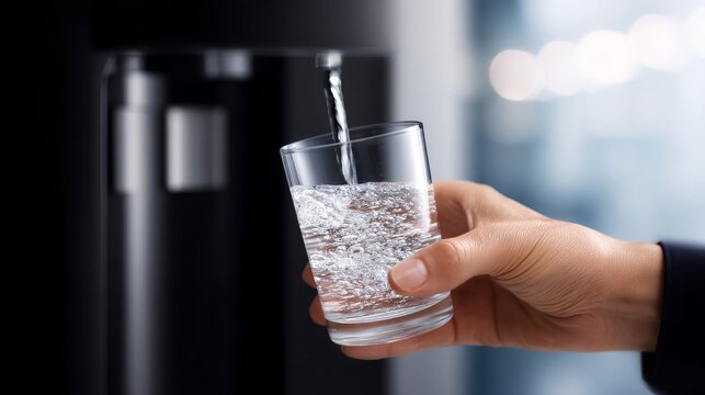 A person fills a clear glass with fresh water from a stylish dispenser. The image captures the simplicity of daily hydration. Smooth design and modern style are featured prominently. AI