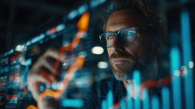 Business Man Analyzing Growing Financial Chart on Digital Screen - Investment Success and Data Analysis - Powered by Adobe