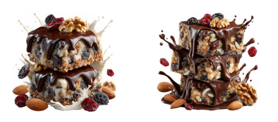 Stack of healthy homemade energy bars with chocolate, nuts and dried fruit, isolated on transparent background