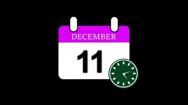 11 December month calendar with time symbol. Simple calendar icon animation and date change of time month. Icon calendar day 11 December. calendar with date December 11 on black background.