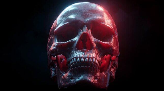 A 3D render og a human skull in a dark background