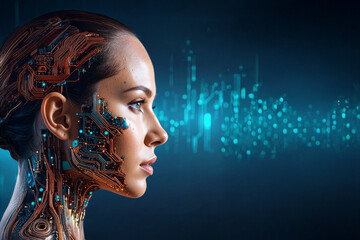 A side profile of a woman with her skin seamlessly integrated with a glowing, high-tech circuit board design. The image represents the concepts of AI, robotics, and the fusion of human and technology,