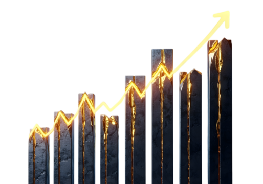 Photo of a glowing yellow arrow charts an upward trend over a series of dark, textured bars representing financial growth and market success