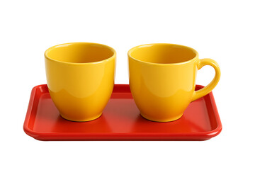 Two yellow ceramic cups with one handle placed on red tray isolated on transparent background