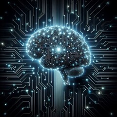 Artificial intelligence brain made of glowing circuits, dark background