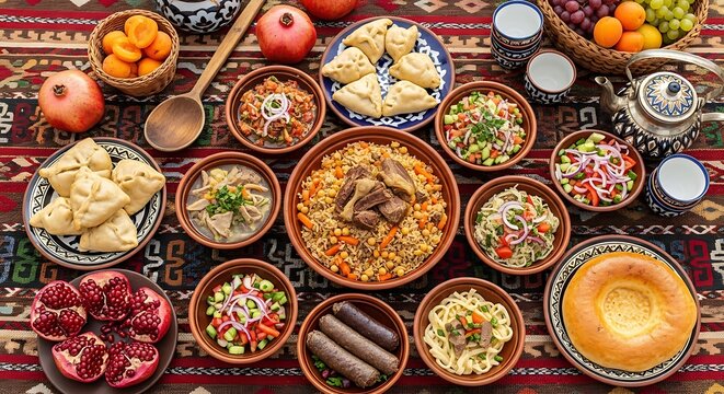 A vibrant spread of Uzbek cuisine featuring plov, samsa, salads, fruits, and grilled meats, artfully arranged on a patterned textile.