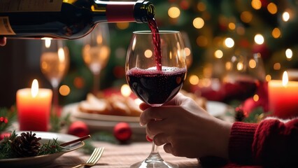 Close-up of a person pouring red wine into a glass during a festive christmas dinner with candles and a decorated christmas tree in the bokeh background. Concept of family christmas celebration