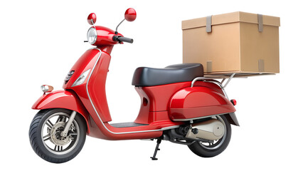 Obraz premium Red vintage scooter with a delivery box on the back, isolated on transparent background