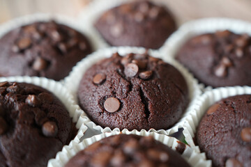 Fresh Homemade Chocolate Muffins close up product shot