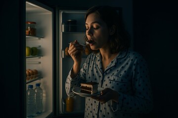 Young woman in pajamas eating chocolate cake in front of fridge at night. Concept of binge eating, midnight cravings, emotional eating, unhealthy late night habits