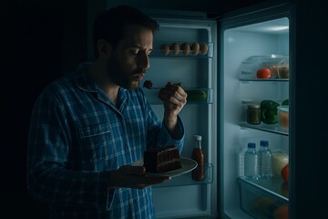 Man in pajamas enjoying late-night chocolate cake snack in front of open refrigerator, concept of midnight craving, nighttime eating, indulgent dessert moment