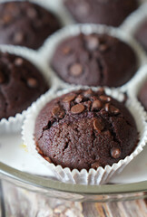Fresh Homemade Chocolate Muffins close up product shot
