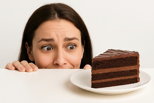 Young woman craving delicious chocolate cake slice on white table. concept of dessert temptation, sweet indulgence, chocolate lover's delight
