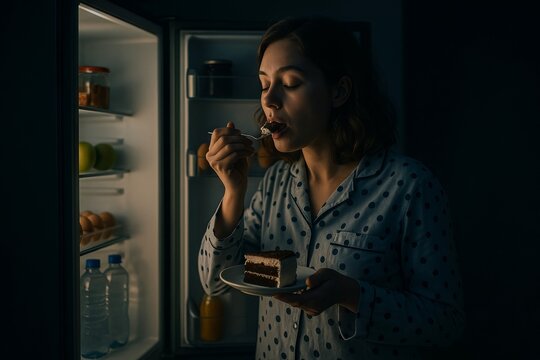 Young woman in pajamas eating chocolate cake in front of fridge at night. Concept of binge eating, midnight cravings, emotional eating, unhealthy late night habits