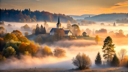 Church shrouded in morning mist during autumn season