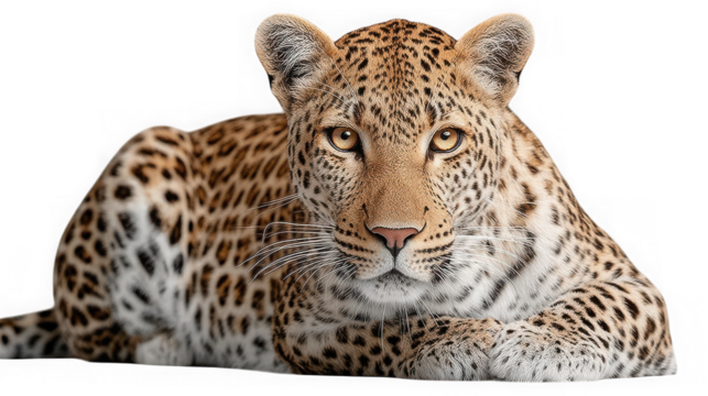 A powerful and graceful leopard with its distinctive spotted coat, lying down and looking alert, isolated on transparent background