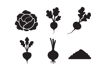 Collection of black silhouette vegetables including cabbage radishes and onion