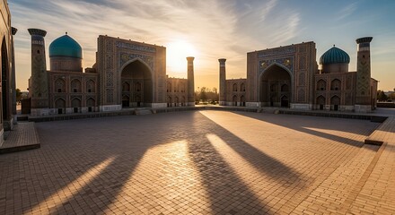 Majestic Registan Square at sunrise, Samarkand, Uzbekistan, showcasing ancient architecture and long shadows.