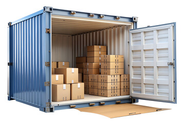 Blue shipping container filled with cardboard boxes, isolated on transparent background