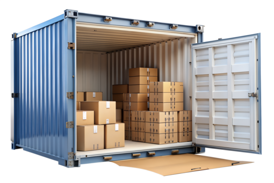 Blue shipping container filled with cardboard boxes, isolated on transparent background