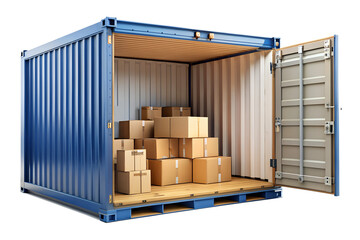 Blue shipping container with cargo inside, isolated on transparent background
